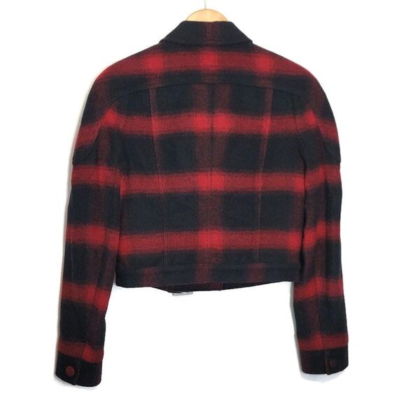 Bebe Plaid Buffalo Check Print Moto Jacket Red Navy Blue Short Crop Size 6 - Picture 9 of 16